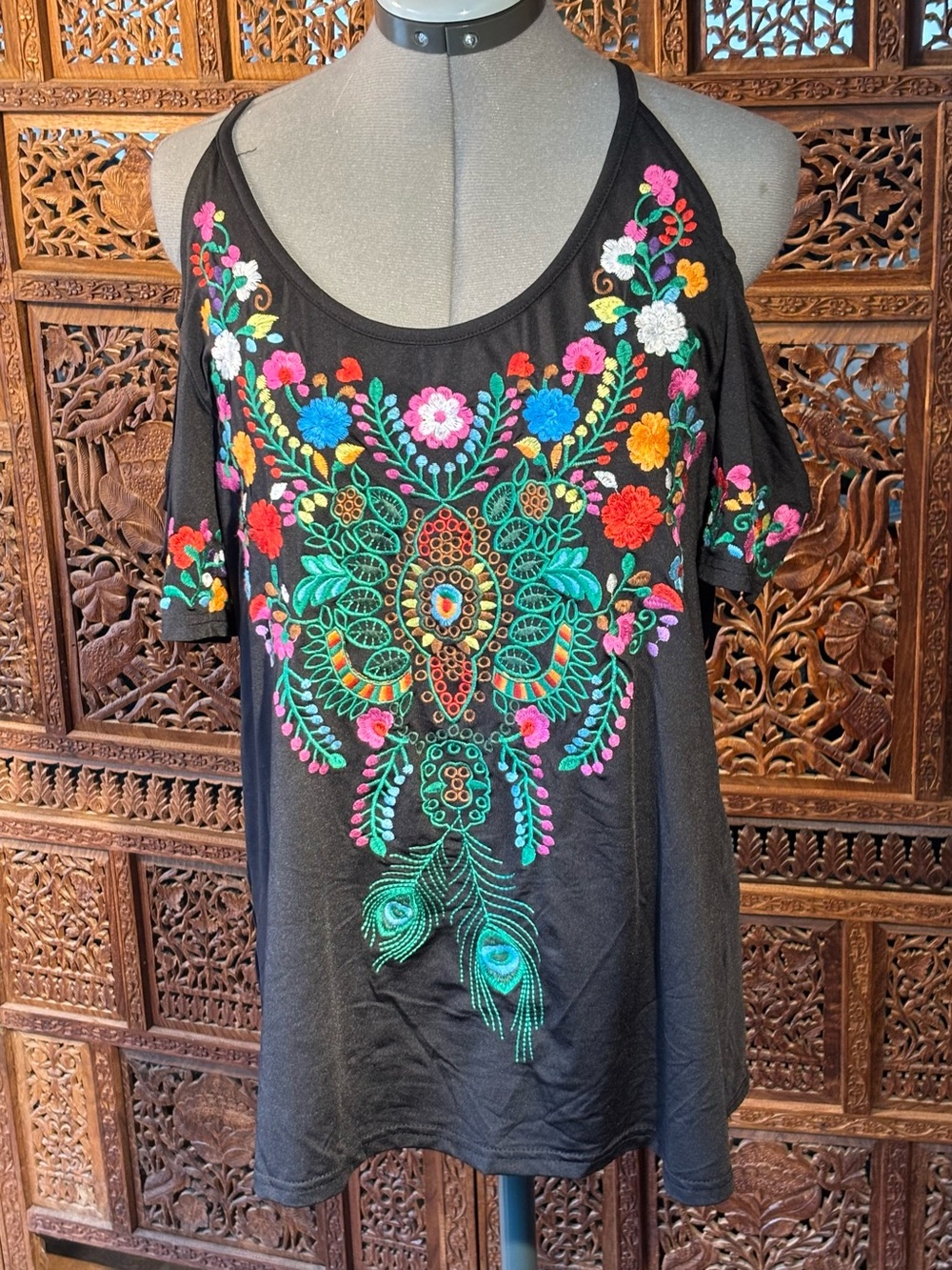 Black Cold-Shoulder Tunic with Multicolor Floral Embroidery